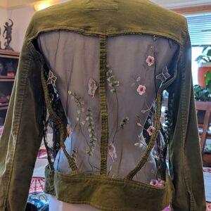 Live a Little Green Jean Jacket with Sheer Floral Accents